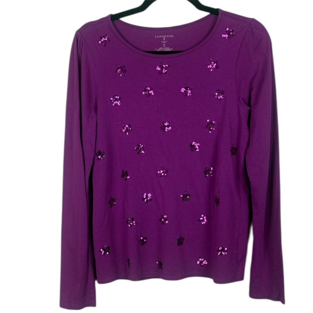 Lands' End Purple Cotton Sparkling Star Sequin Long Sleeve XL Knit Pullover